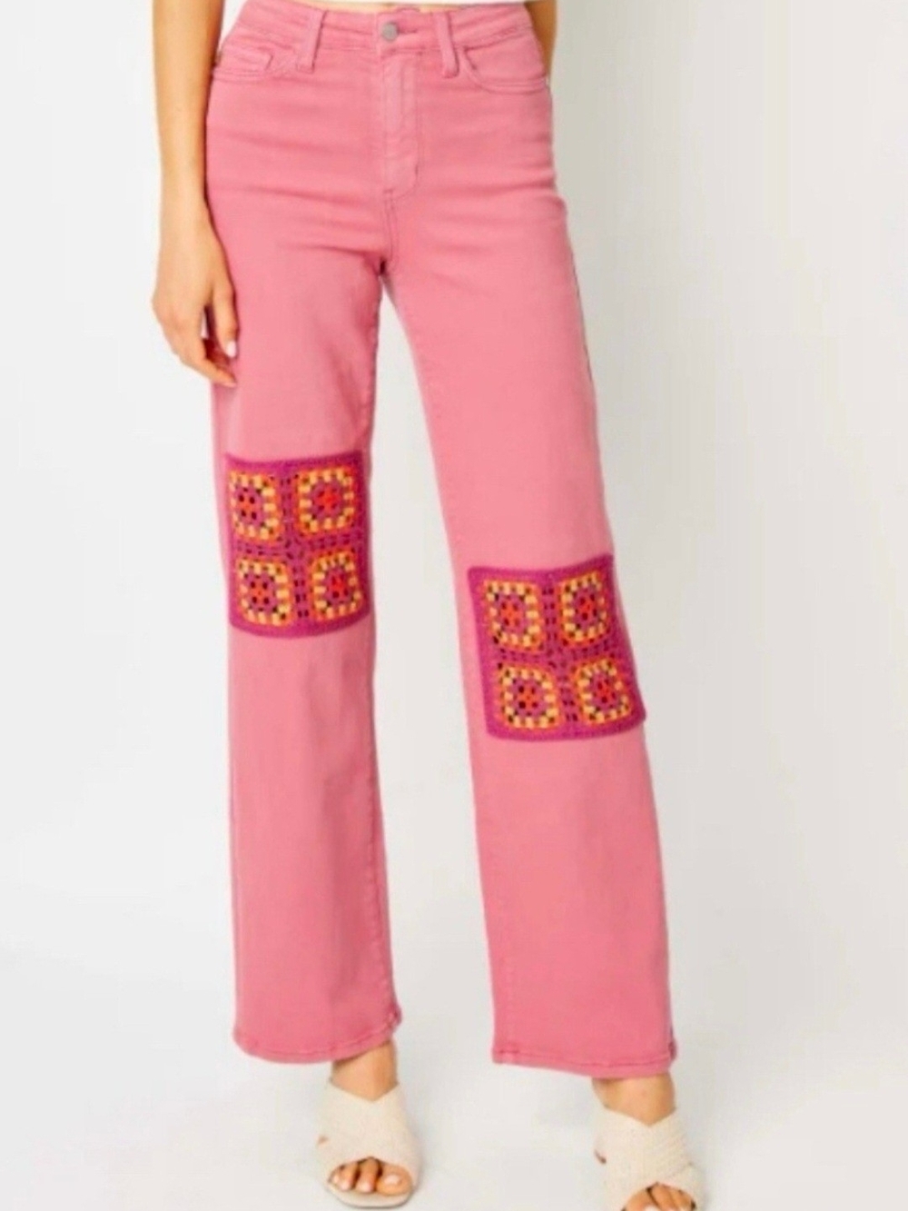 Judy Blue Pink Flare Jeans with Crochet Knee Patches